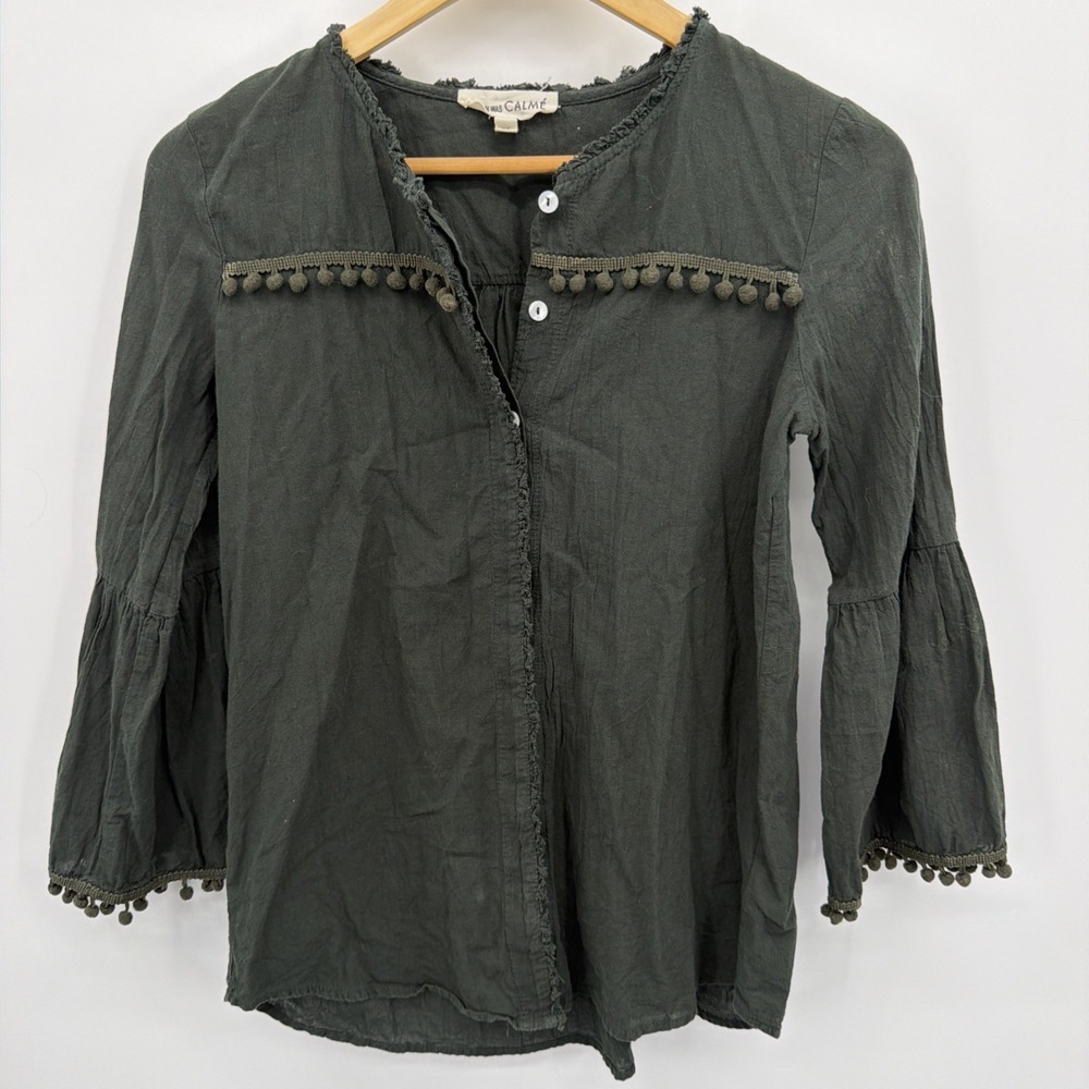 Johnny Was Calme XS Olive Bell Sleeve Fluted Pom Pom Embellished Button Up Boho